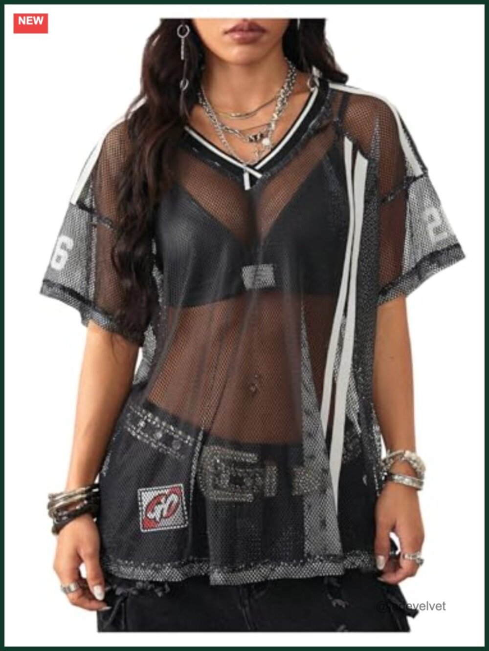 Sheer Mesh Jersey Crop Top Y2k V-Neck Short Sleeve Loose Fit Rave Going Out